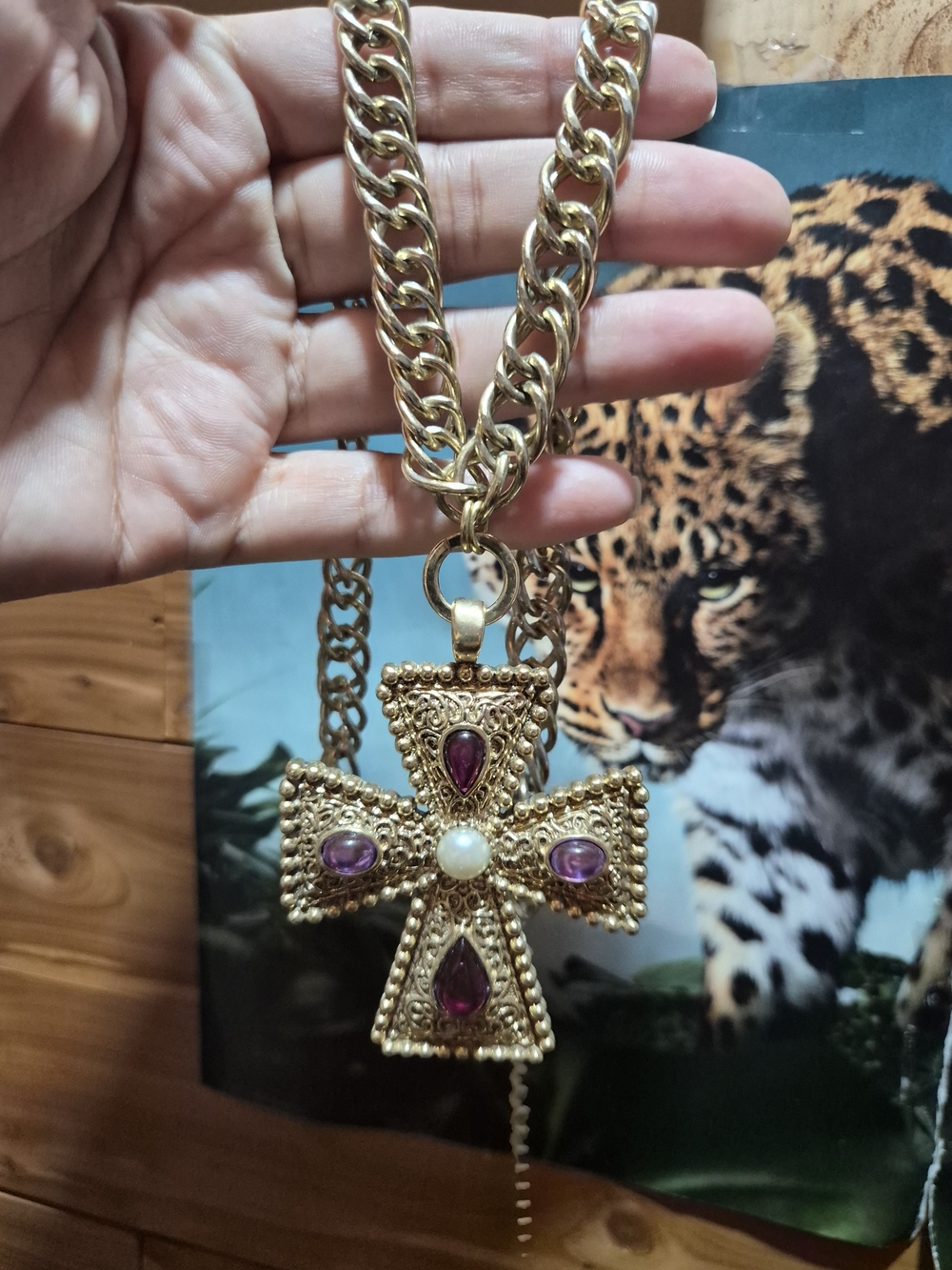 Vintage Gold Cross Necklace with Purple Stones and Pearl Accent